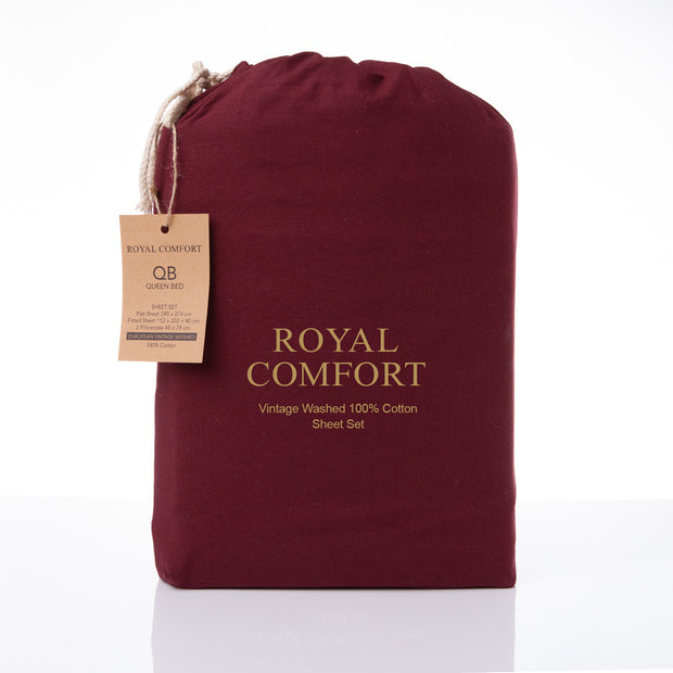 Royal Comfort Vintage Wash 100% Cotton Sheet Set Fitted Flat Sheet Pillowcases