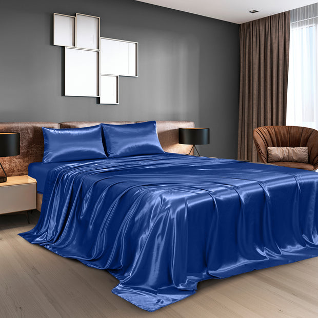 Royal Comfort Satin Sheet Set 4 Piece Fitted Flat Sheet Pillowcases Silky Smooth