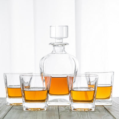 Novare Oval Whiskey Decanter Bottle With 4 Whiskey Glasses Set