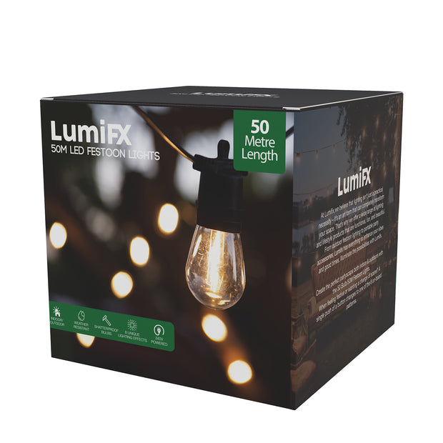 LumiFx 50 Bulb Outdoor Festoon Lights 8 Lighting Effects 50 Metres Warm White