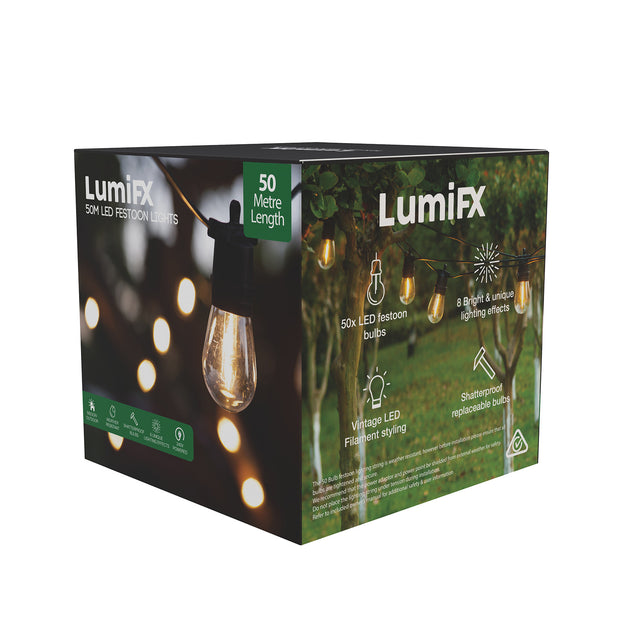 LumiFx 50 Bulb Outdoor Festoon Lights 8 Lighting Effects 50 Metres Warm White