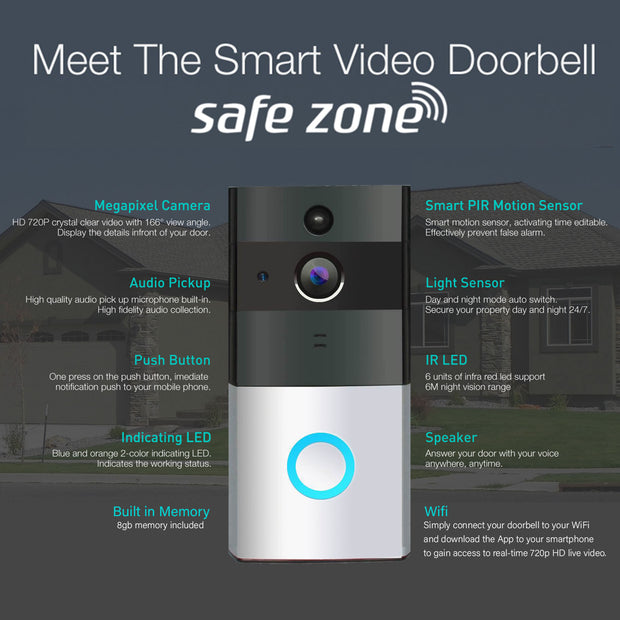 Safe Zone Wireless Video Doorbell Camera 8GB Smart Remote Control Intercom WiFi