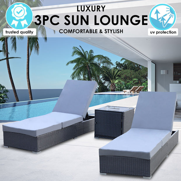 Milano Outdoor 3pc Sun Lounge Pool Bed Deck Rattan Chair Adjustable Furniture